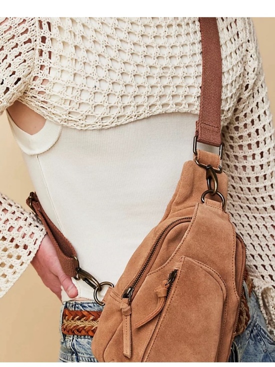 Free People Handbags - Free People Suede Sling Bag Crossbody Chest Pack Camel Tan Leather